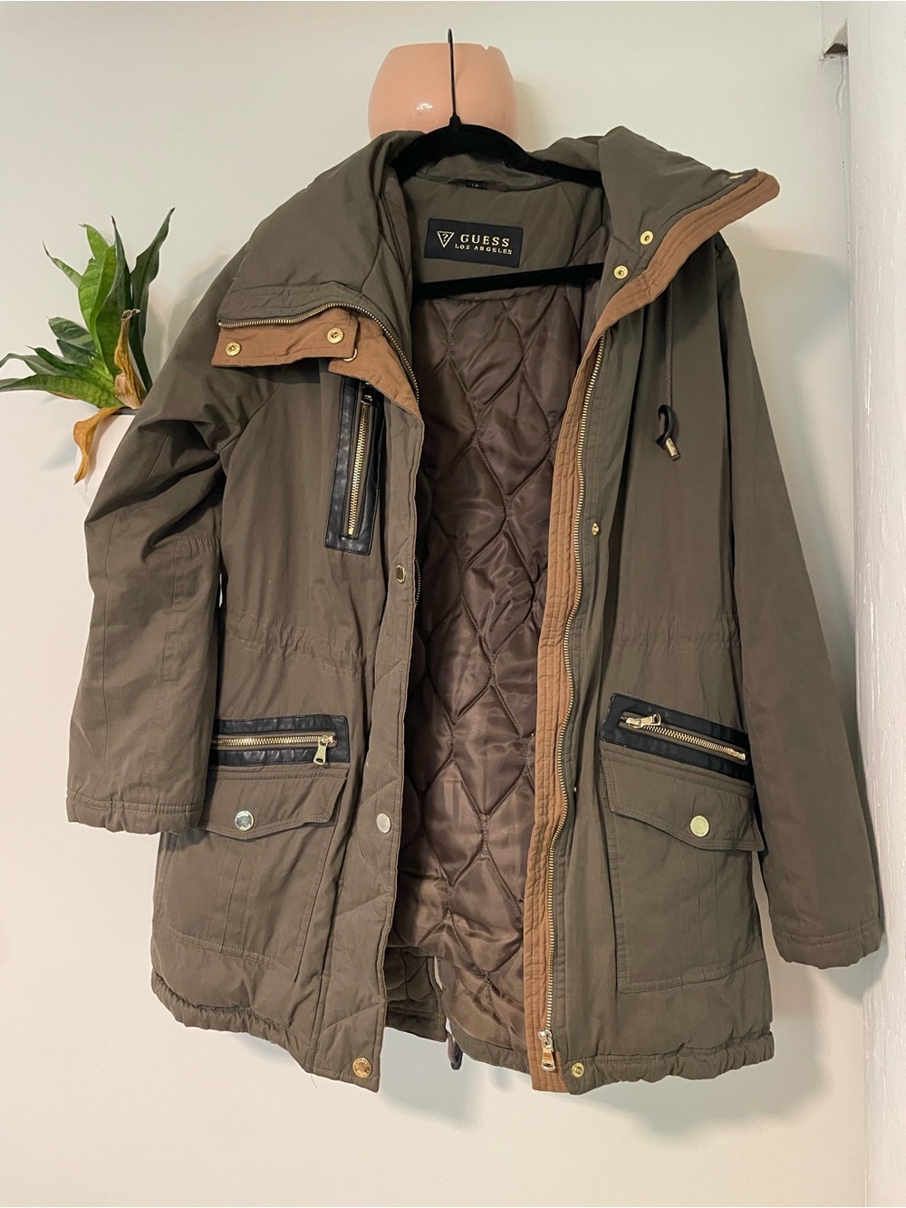 GUESS Olive Green Hooded Parka with Brown Quilted Lining